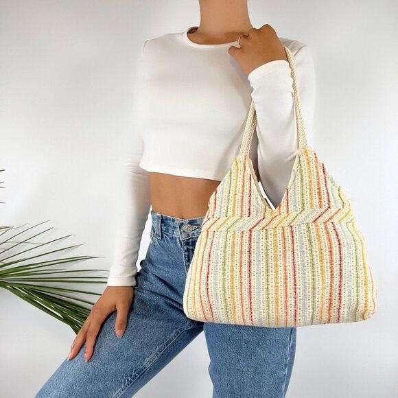 Vintage Y2K Cottagecore Rainbow Crochet Knit Shoulder Bag Boho Purse - Picture 1 of 4